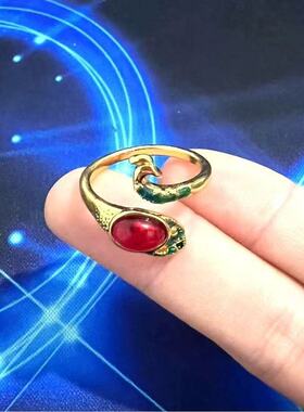 金色五彩红石孔雀复古活口戒指