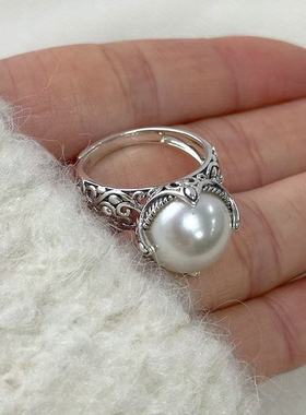 银色珍珠镂空开口食指戒女款