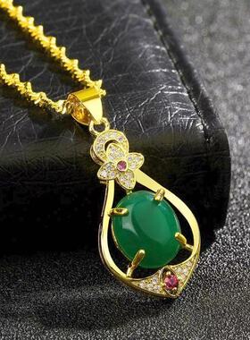 绿金四叶草水波链玉石项链