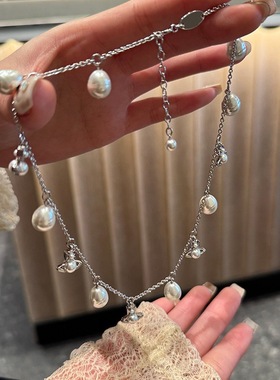 SHANCAI |新款巴洛克异型珍珠小土星项链百搭小众设计锁骨链叠戴