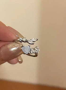 海蓝爱心月光石开口戒指女轻奢小众设计感食指戒气质可调节指环