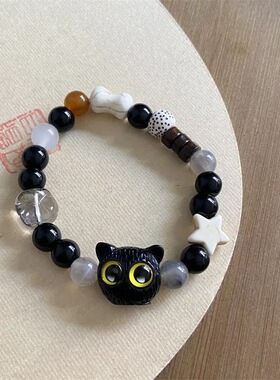卡通黑猫图案手串简约百搭弹力绳手链少女心甜美风穿搭饰品礼物