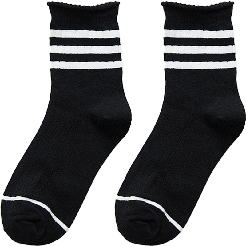 中筒袜子女秋冬季纯棉卷边松口黑白色条纹运动长筒袜三条杠日系潮-图3
