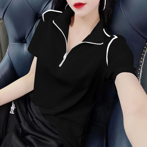 纯棉短袖T恤女夏季新款拉链POLO立领修身显瘦百搭洋气大码女上衣 - 图0