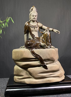 古蜀神木金丝楠乌木水月观音摆件
