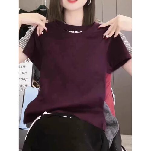 今年新款大码夏季深紫色短袖T恤女字母纯色高级感气质复古上衣ins - 图1