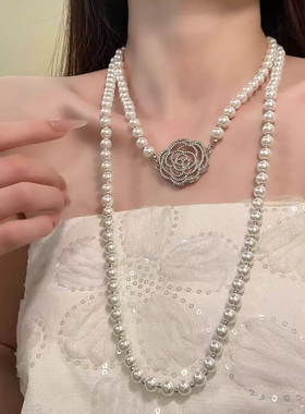 法式复古小香风闪钻玫瑰花项链