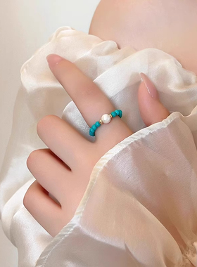 新中式蓝色串珠戒指女2025新爆款