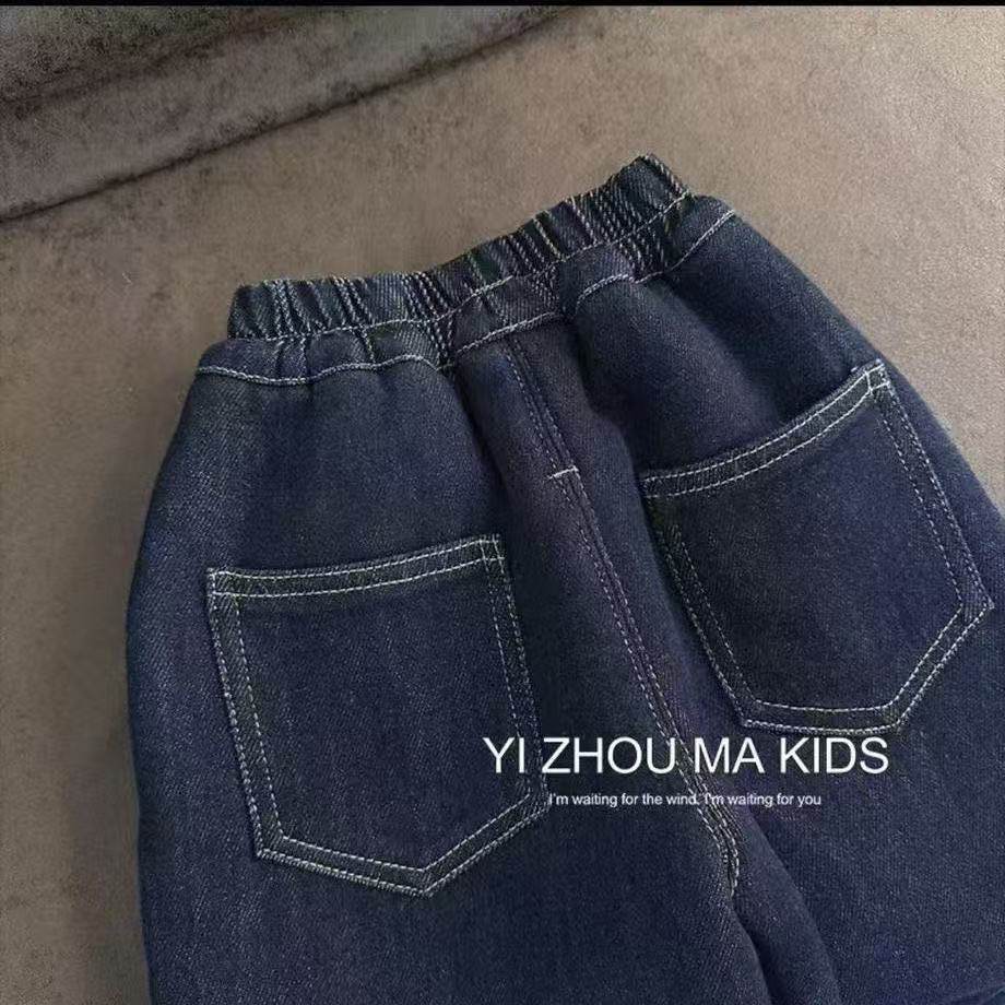 韩版儿童牛仔裤秋冬加绒新款格子拼接男童2025百搭新款宝宝一体绒,淘宝优惠券,粉丝福利购,淘宝优惠卷
