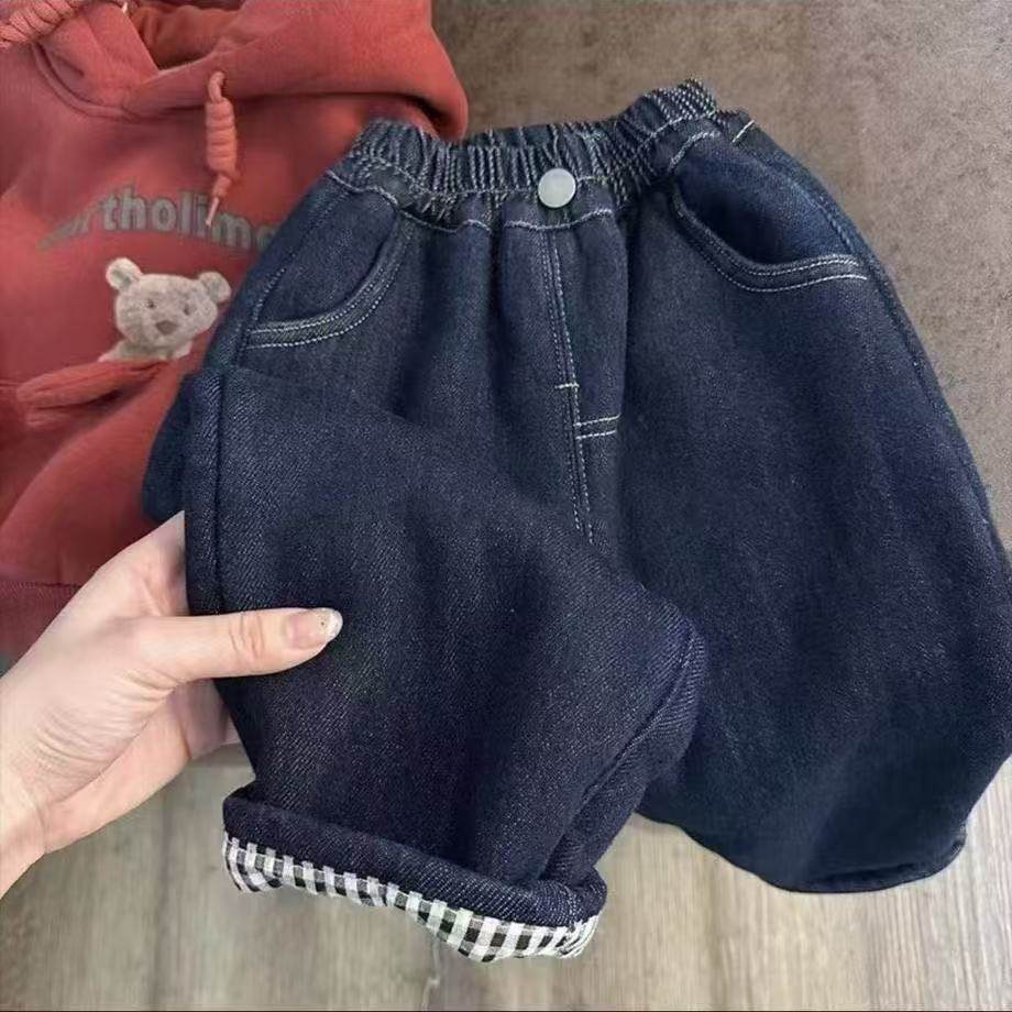 韩版儿童牛仔裤秋冬加绒新款格子拼接男童2025百搭新款宝宝一体绒,淘宝优惠券,粉丝福利购,淘宝优惠卷