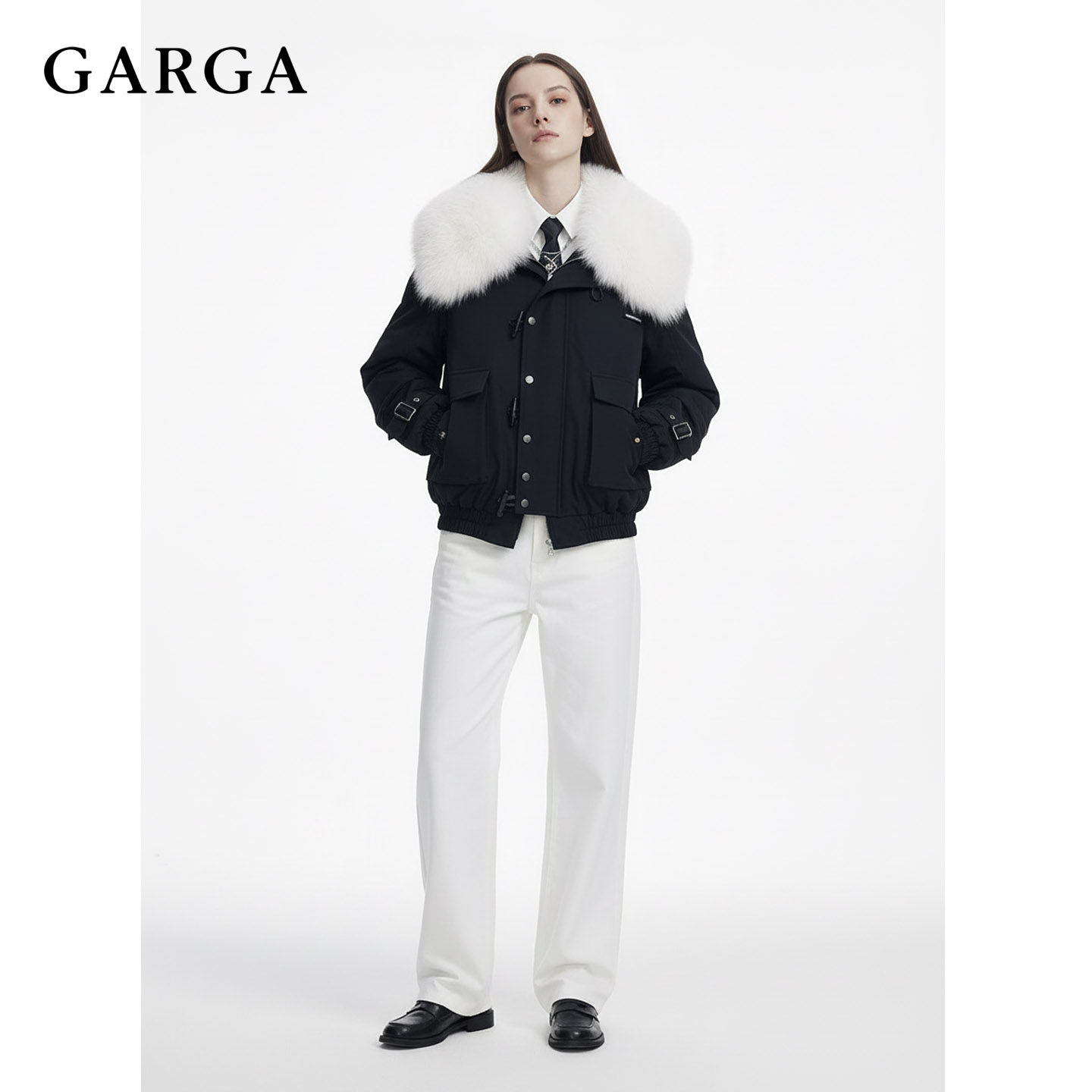 GARGA黑色短款大毛领派克服女冬季加厚冲锋衣牛角扣飞行夹克外套,淘宝优惠券,粉丝福利购,淘宝优惠卷