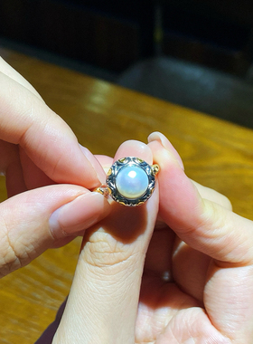 天然珍珠戒指银镀金镶嵌天然珍珠戒指开口女戒可调结