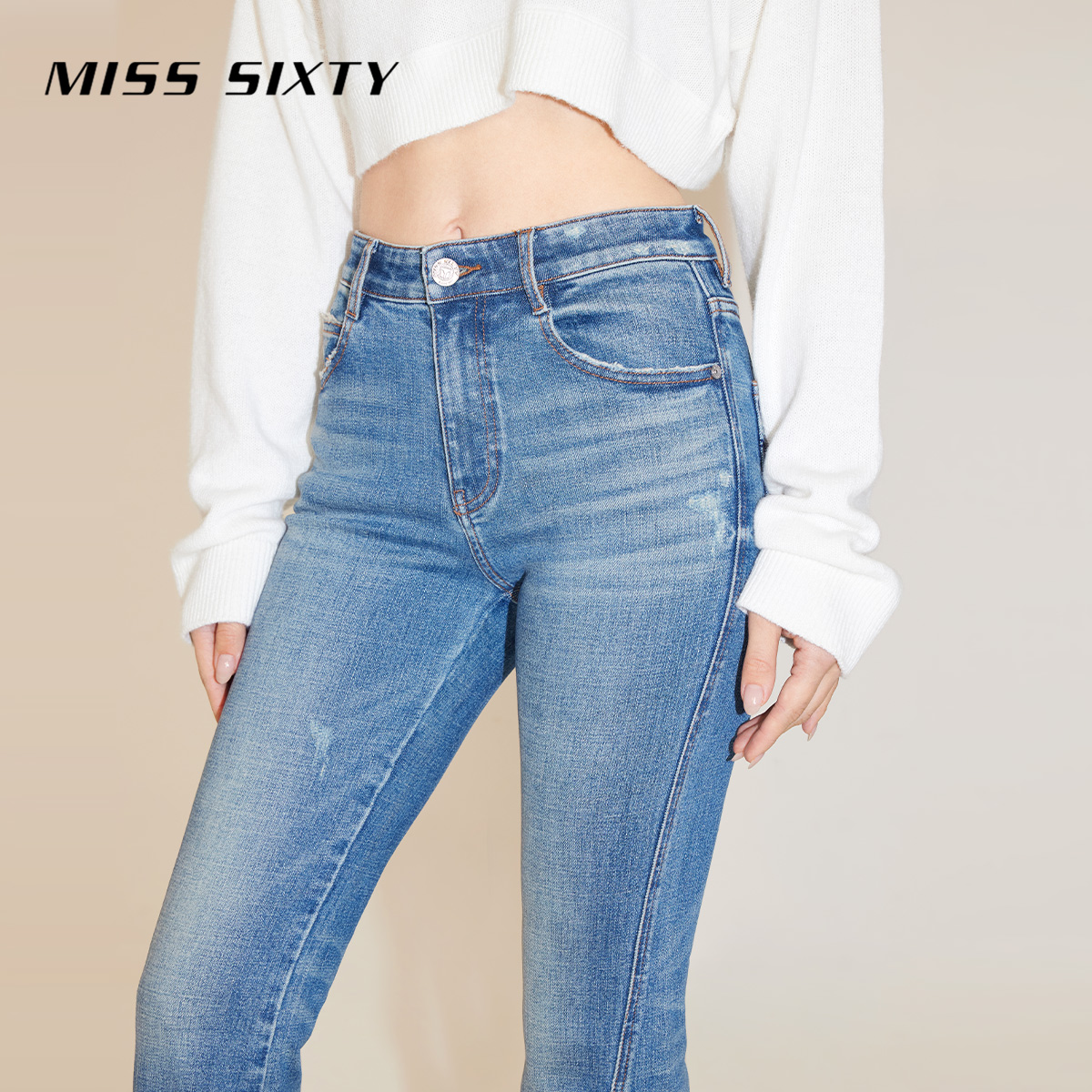 【土耳其牛仔】Miss Sixty2024春新款牛仔裤女复古磨破显瘦微喇裤