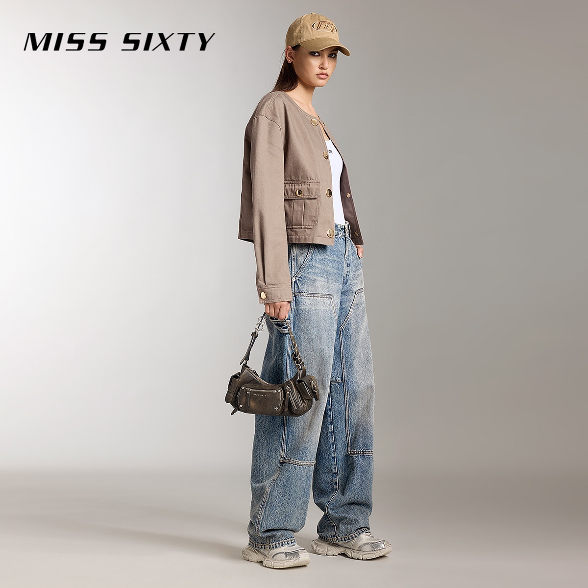 Miss Sixty牛仔裤女复古洗水设计感拼裁显瘦百搭工装风阔腿裤