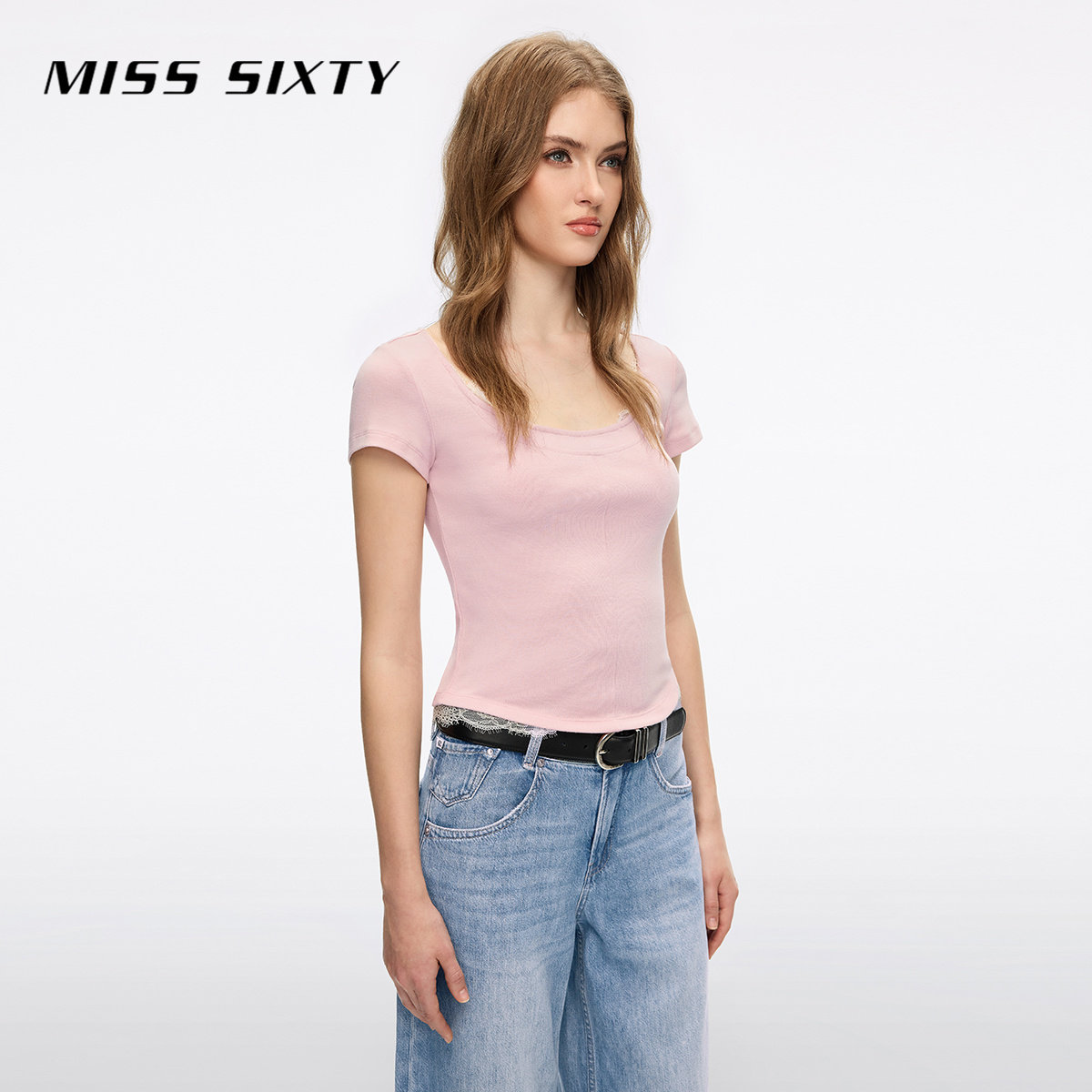 [大U领]Miss Sixty2026夏季大领口短袖T恤女蕾丝拼接修身短款