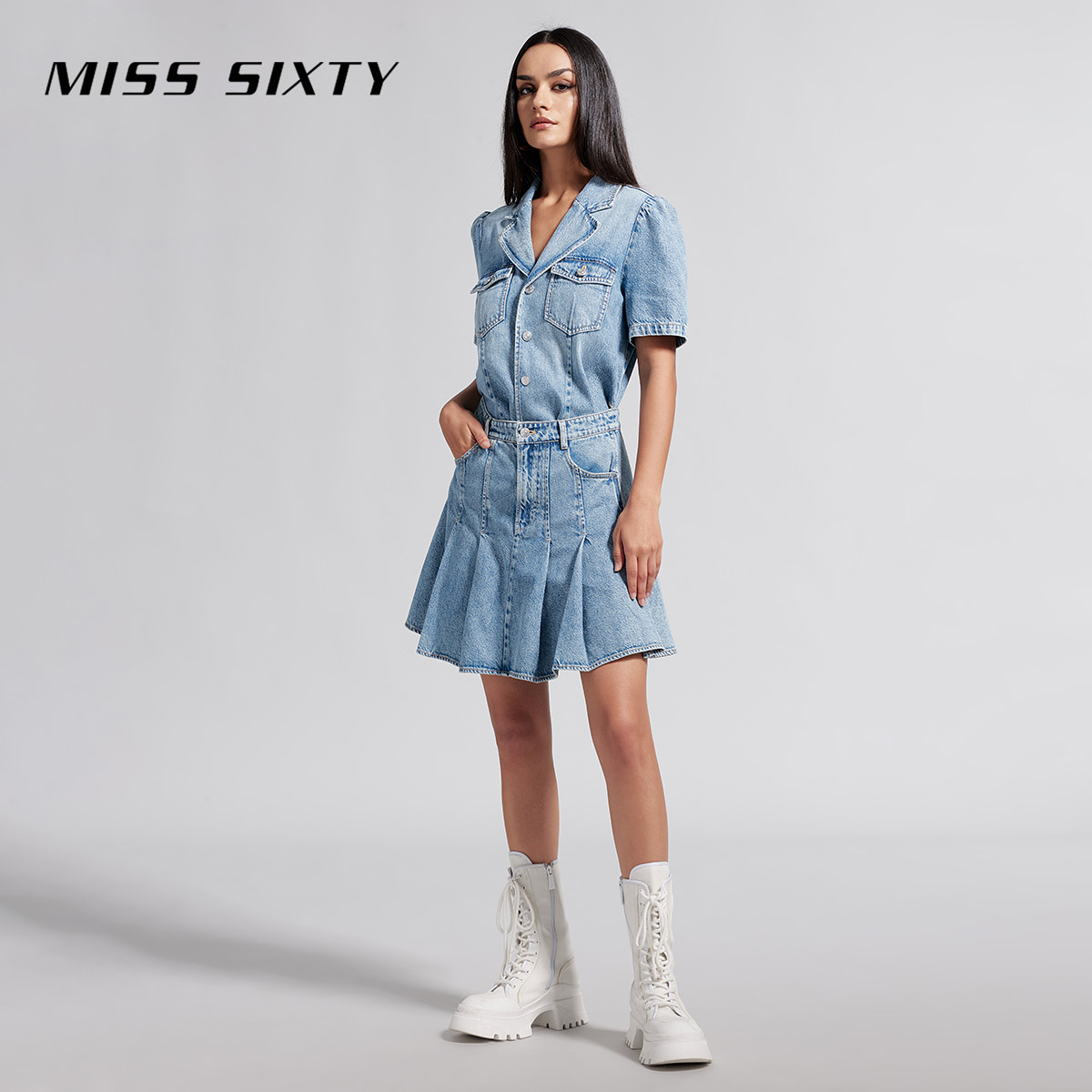 【限时折上折】Miss Sixty24夏新款牛仔连衣裙女短袖假两件百褶裙