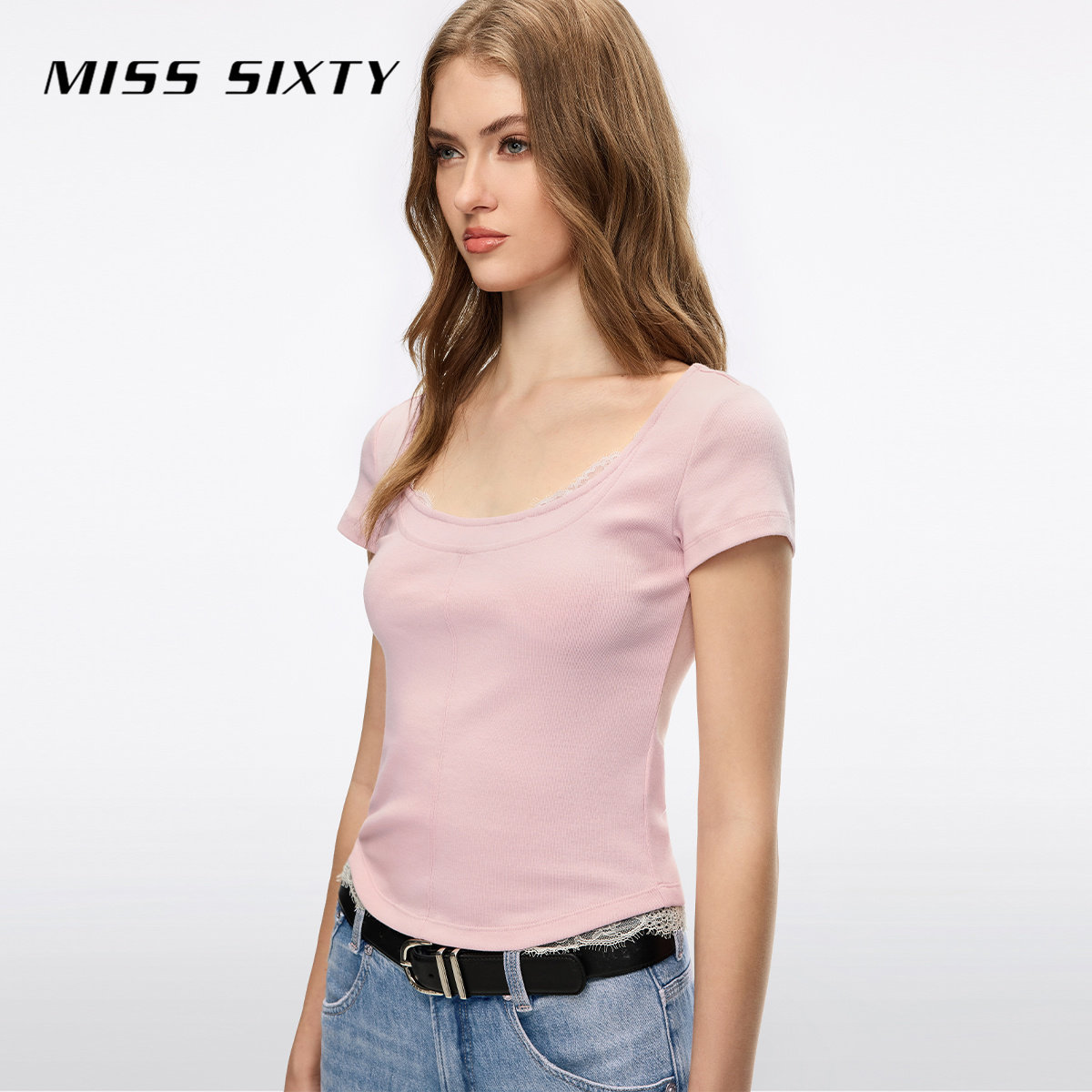 [大U领]Miss Sixty2026夏季大领口短袖T恤女蕾丝拼接修身短款