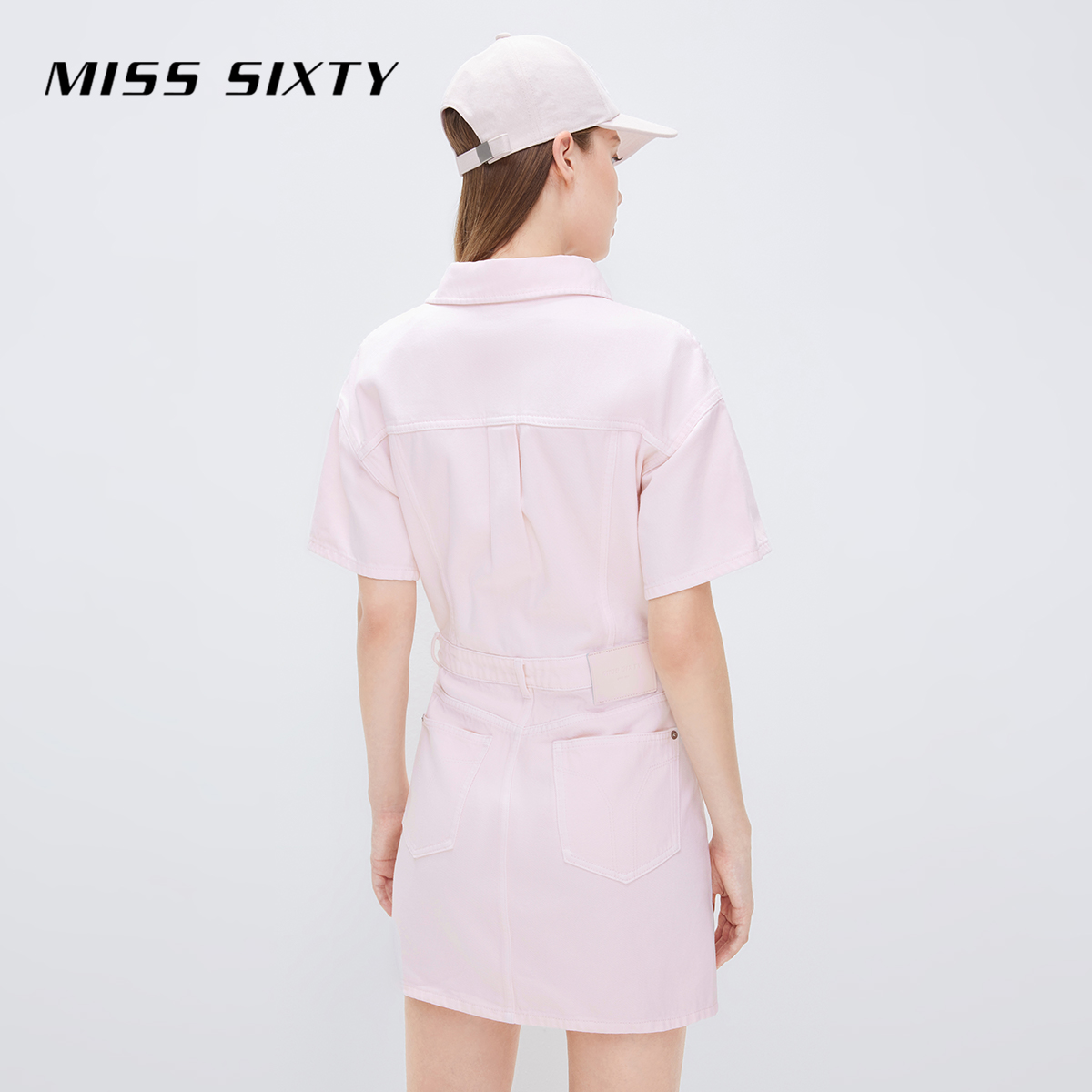 Miss Sixty牛仔裙浅粉色连衣裙女甜美减龄复古工装裙短袖衬衫裙 - 图0