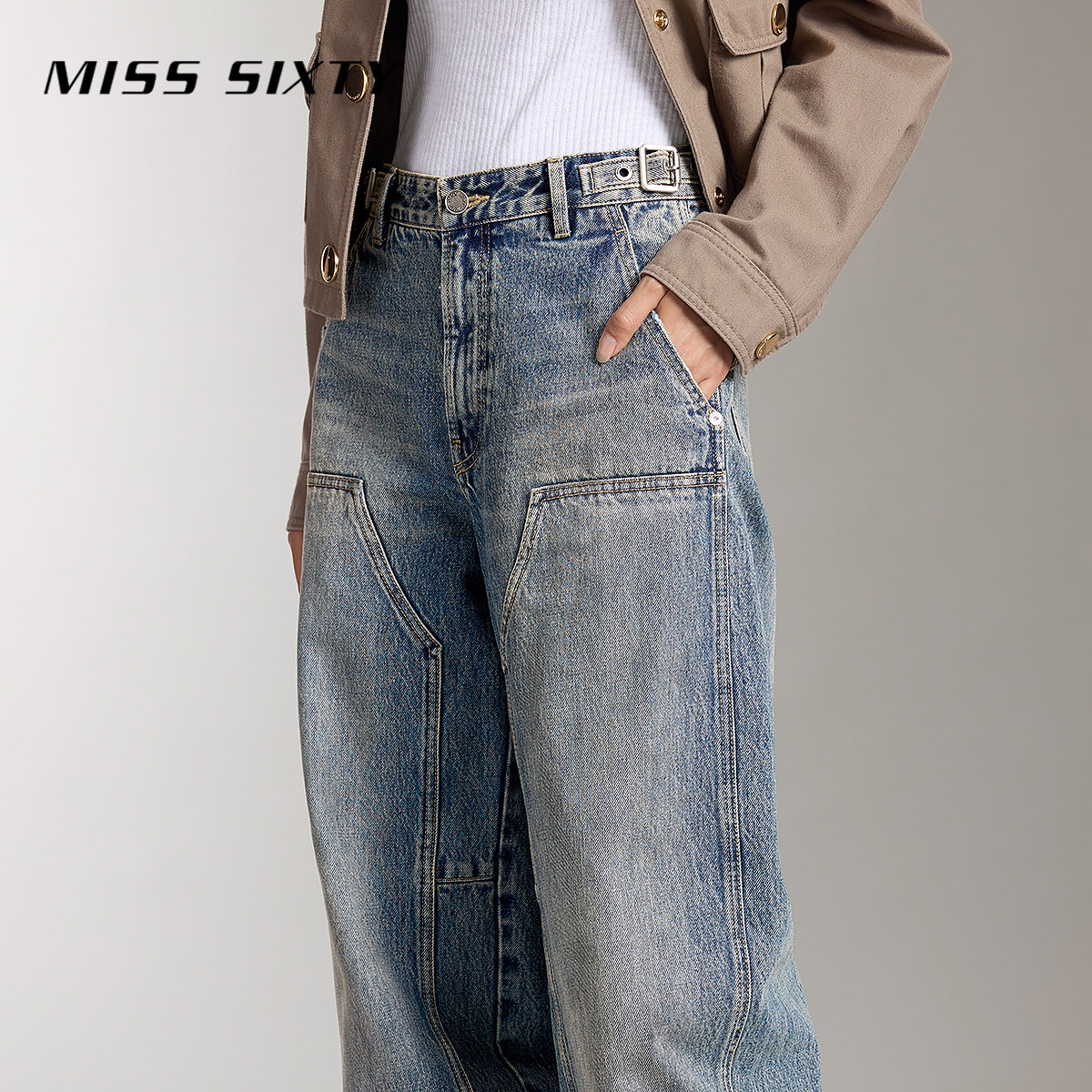 Miss Sixty牛仔裤女复古洗水设计感拼裁显瘦百搭工装风阔腿裤