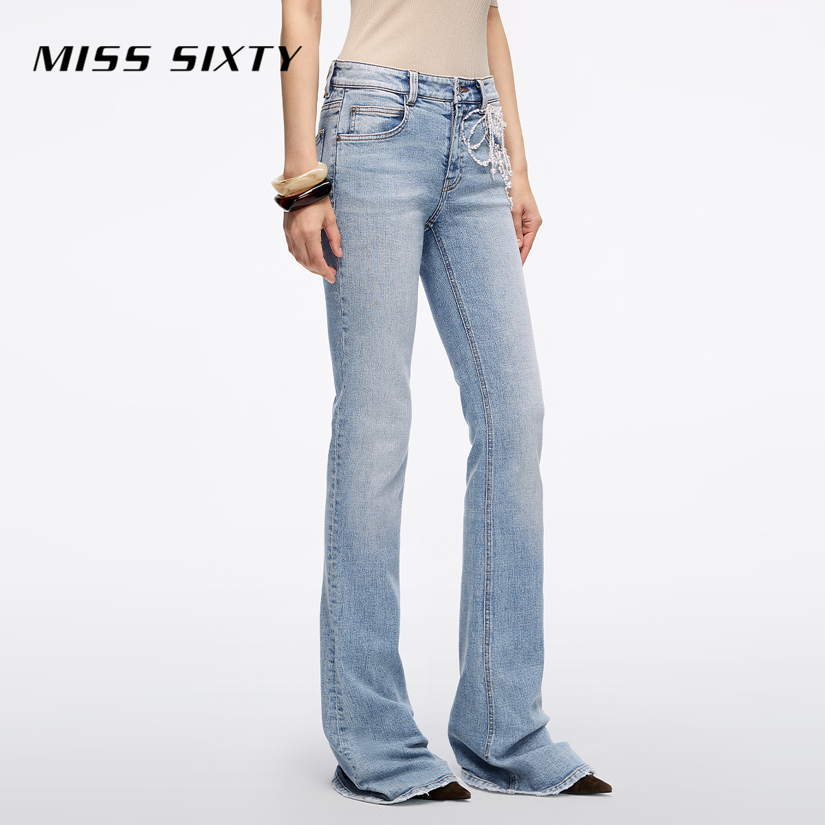 【进口牛仔面料】Miss Sixty2025秋季新款牛仔裤女珍珠磨破喇叭裤 - 图2