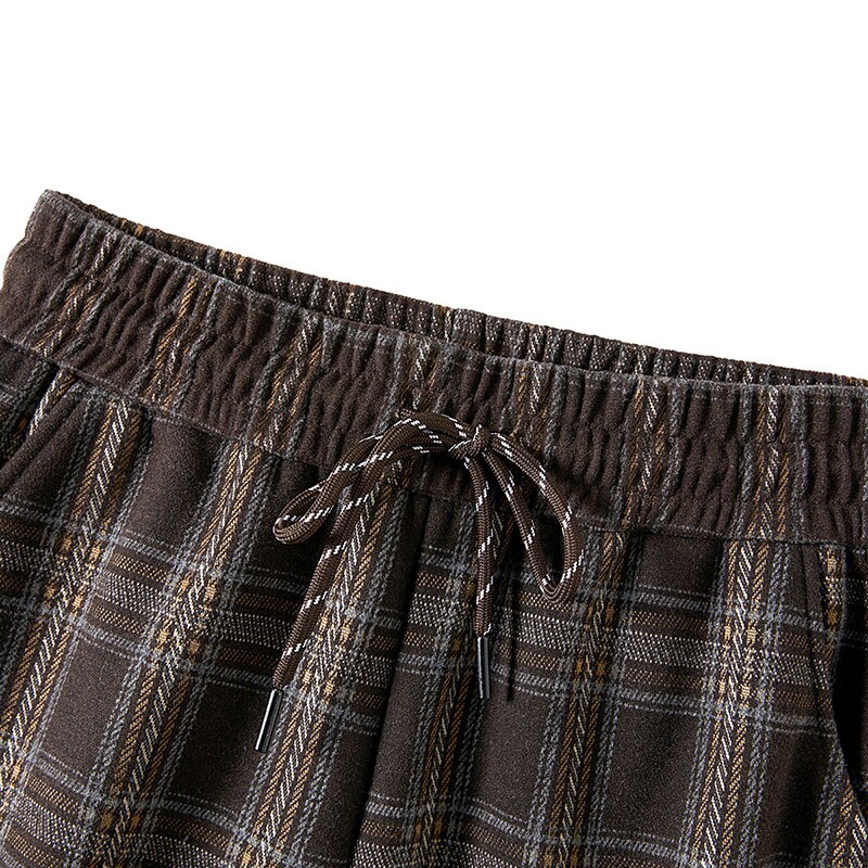 她池复古休闲裤2025冬装新款女装撞色格纹松紧腰长款加绒阔腿裤
