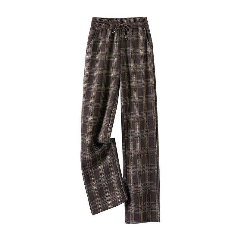 她池复古休闲裤2025冬装新款女装撞色格纹松紧腰长款加绒阔腿裤