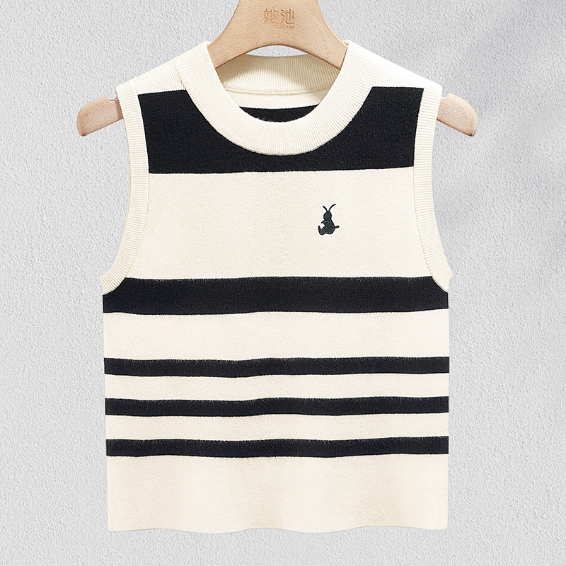 她池圆领背心2025春装新款女装时尚套头无袖撞色条纹修身短款上衣