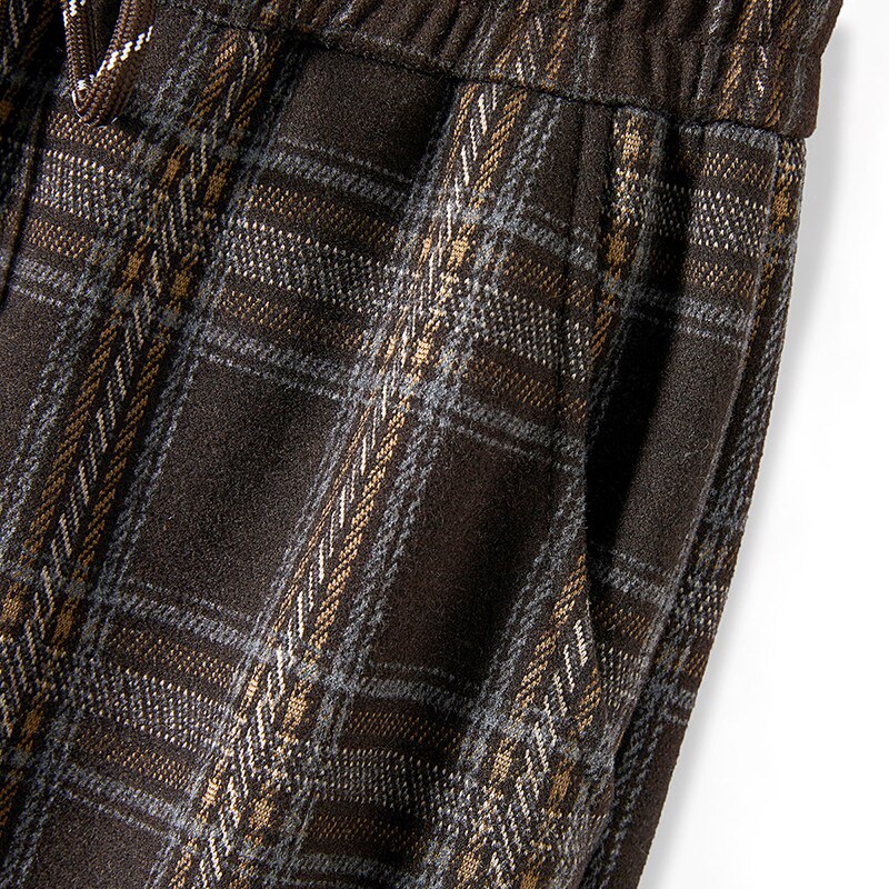 她池复古休闲裤2025冬装新款女装撞色格纹松紧腰长款加绒阔腿裤