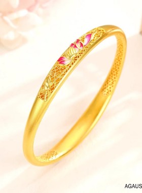 香港雪禧古法花丝镂空手镯金包银冷珐琅莲花手环女新中式高级感