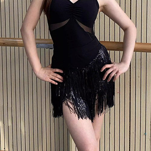 款拉丁舞半身裙下装成人舞服短裙女舞蹈服上衣亮片流苏裙表演出服 - 图2