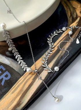 S925纯银麦穗珍珠流苏项链女百搭轻奢小众设计感气质感手链女