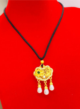 古法镶钻钱龙圆牌吊坠镀金荷花锦鲤锁吊坠编绳项链仿真沙金首饰女