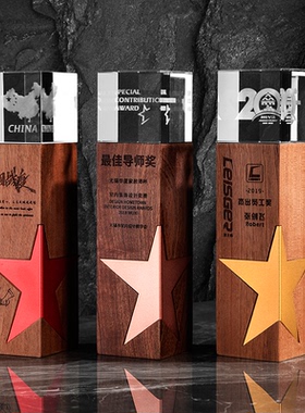 木质奖杯定制创意奖杯金属五角星公司年会颁奖优秀员工水晶奖年会