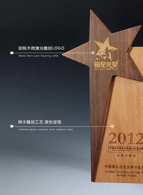 黑胡桃木五角星实木奖杯定制木质奖牌制作聘书证书定做颁奖荣年会
