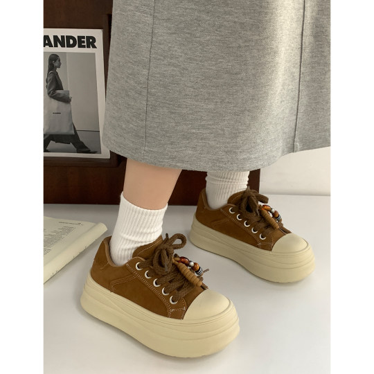 复古串珠厚底板鞋女2025秋冬新款百搭休闲鞋面包增高运动鞋松糕鞋