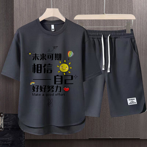 工厂特价清!好品质!夏新品男装一整套短袖t恤潮流印花字母套装 - 图3