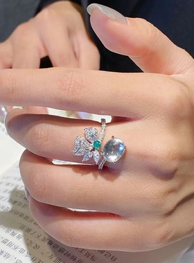 天然高冰种玻璃种蛋面水沫玉戒指