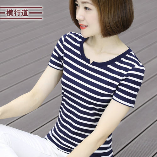 莫代尔棉条纹短袖t恤女大码胖MM中年妈妈v领打底半袖2026新款夏装 - 图1