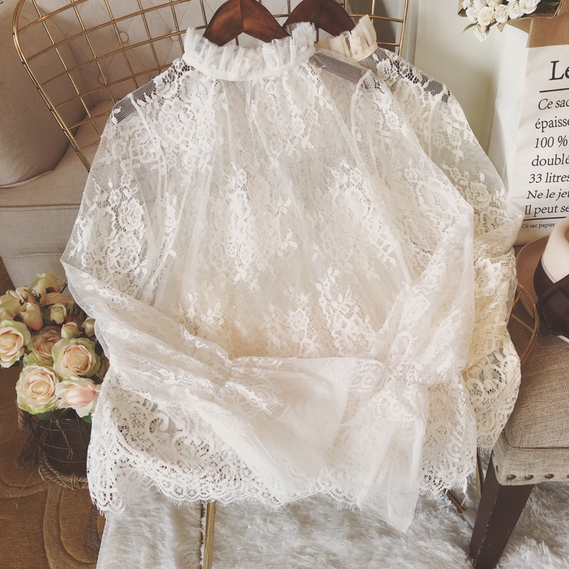 春秋季长袖镂空蕾丝透视网纱打底衫 vaylyss薇莉姿蕾丝衫/雪纺衫