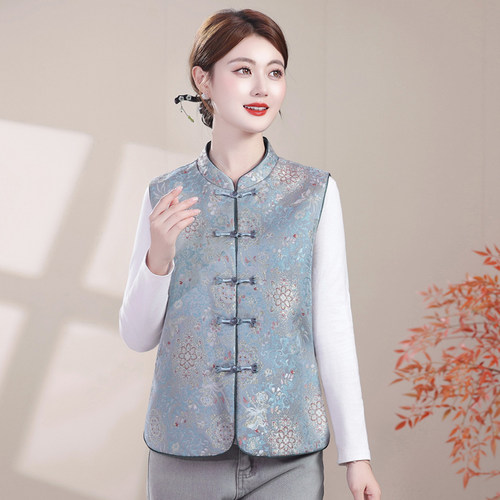 妈妈春秋薄款国风复古盘扣马夹中老年女装大码新中式立领马甲坎肩 - 图3