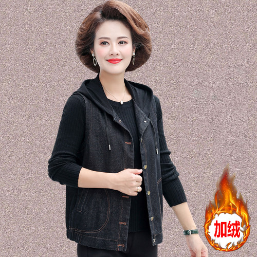 春秋冬新款全棉牛仔马夹中老年女装休闲妈妈连帽短款马甲上衣外套 - 图2