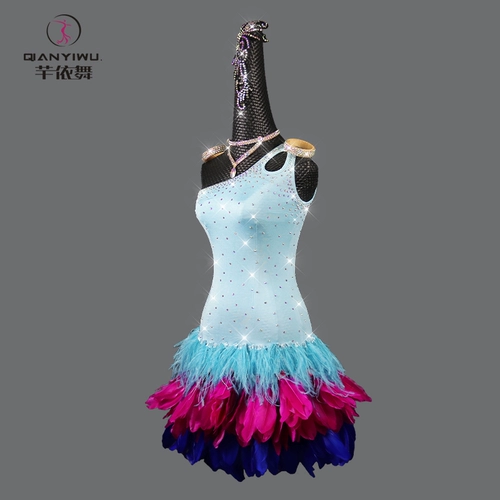 Детское синее элитное платье для танцевального шоу, 2023, набивка пером