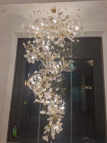 Duplex building large chandelier loft ladder light luxury villa