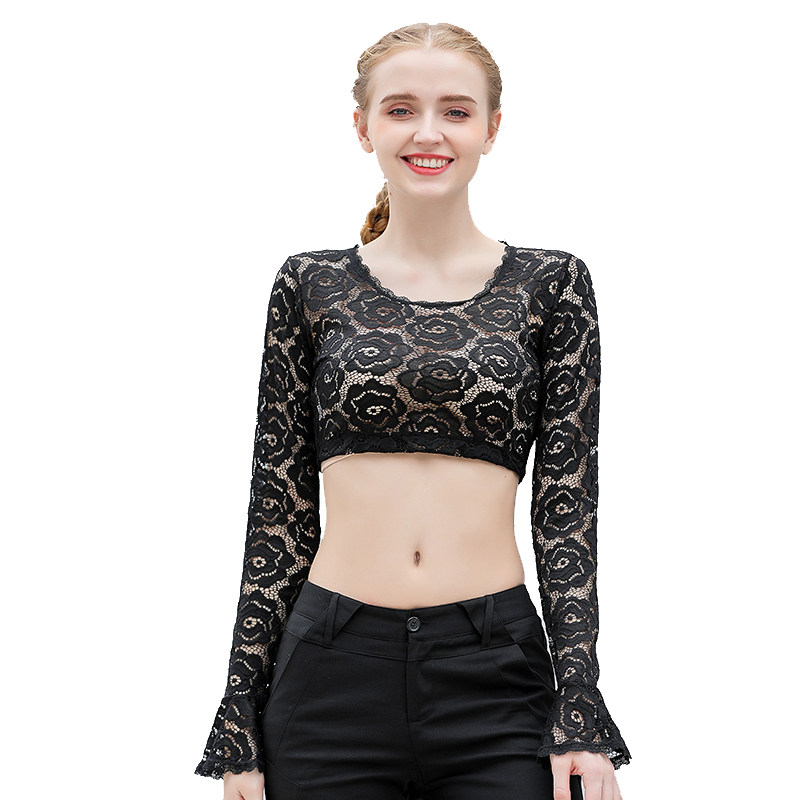 2025夏季女喇叭袖内搭透明打底衫女长袖薄款性感蕾丝短款网纱上衣,淘宝优惠券,粉丝福利购,淘宝优惠卷