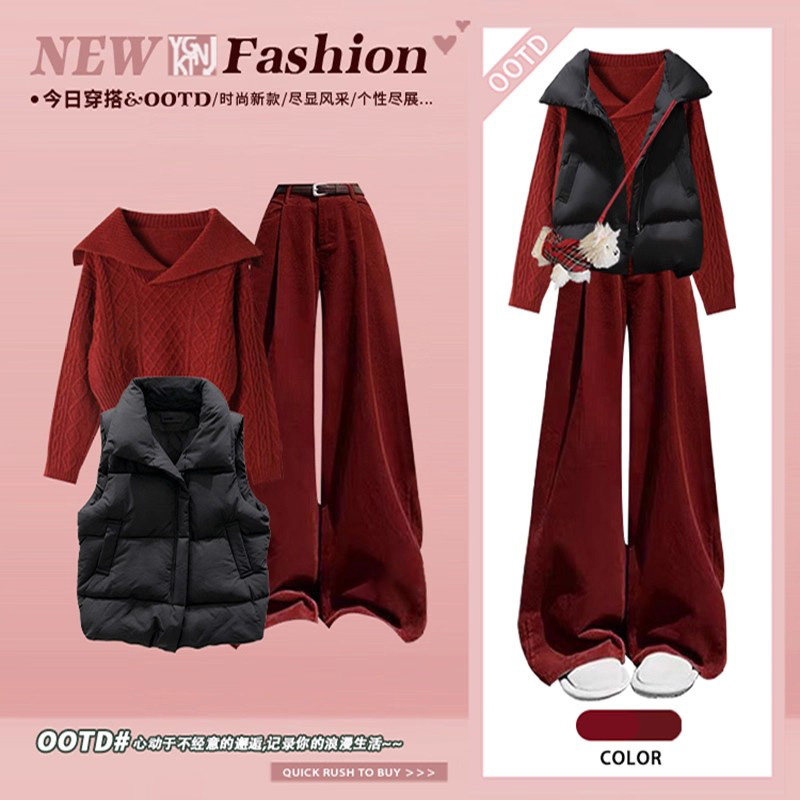 2025冬季气质套装女棉服马甲圣诞红色针织毛衣搭显瘦休闲裤三件套,淘宝优惠券,粉丝福利购,淘宝优惠卷