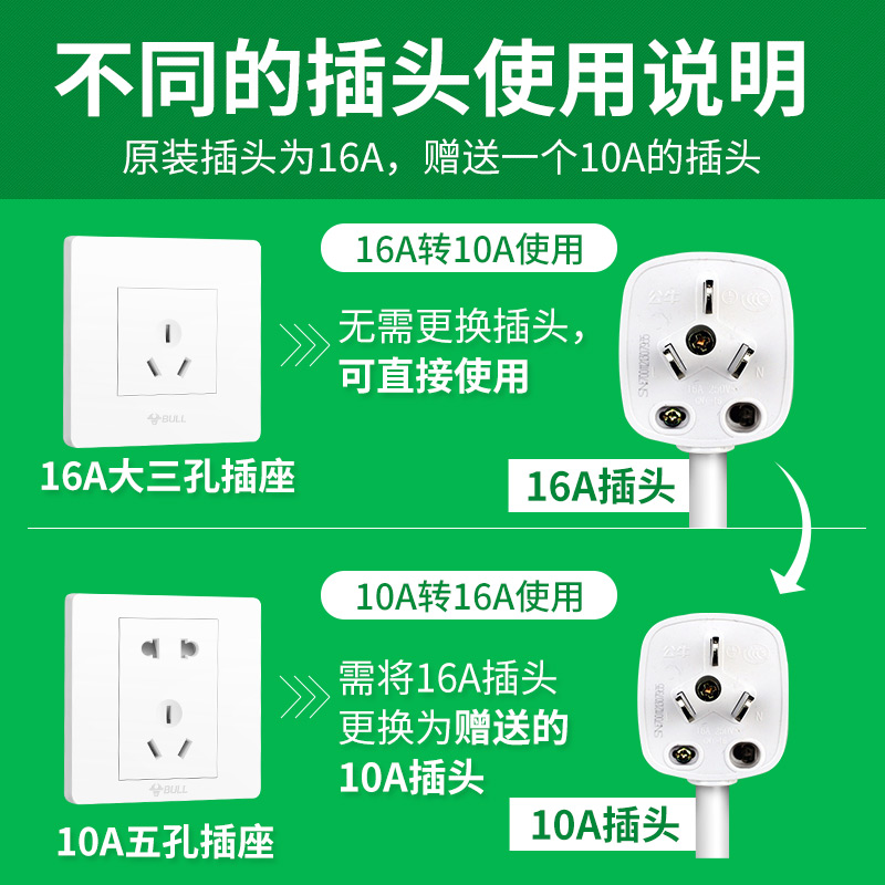 公牛10a转16a空调专用延长线插座大功率4000w插排插板三孔接线板