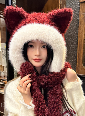 可爱小猫耳朵毛绒帽子围巾一体女冬季保暖护耳显脸小雷锋帽