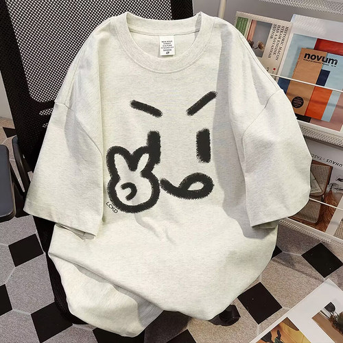 重磅纯棉趣味表情印花短袖T恤情侣装ins夏季休闲洋气宽松潮流上衣 - 图3