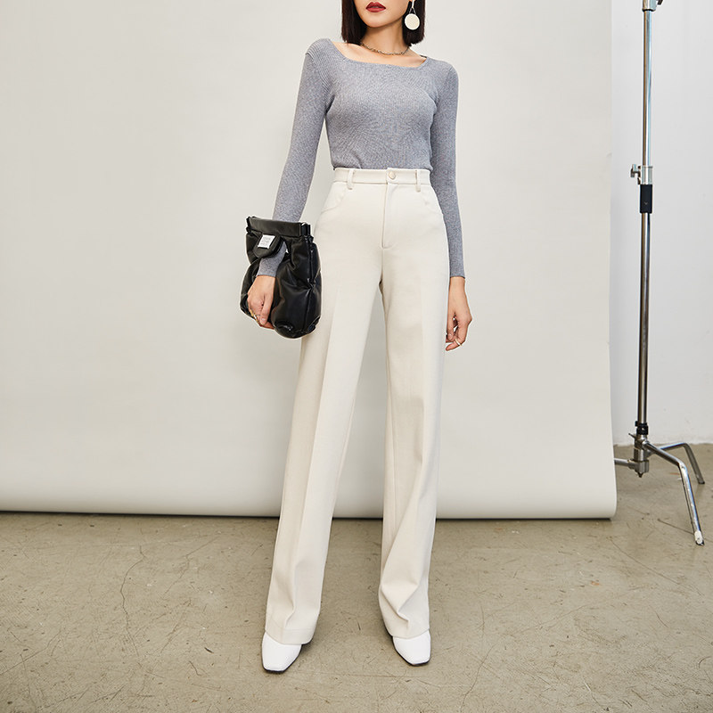 简非蓝米白色毛呢秋冬垂坠感阔腿裤 简非蓝休闲裤