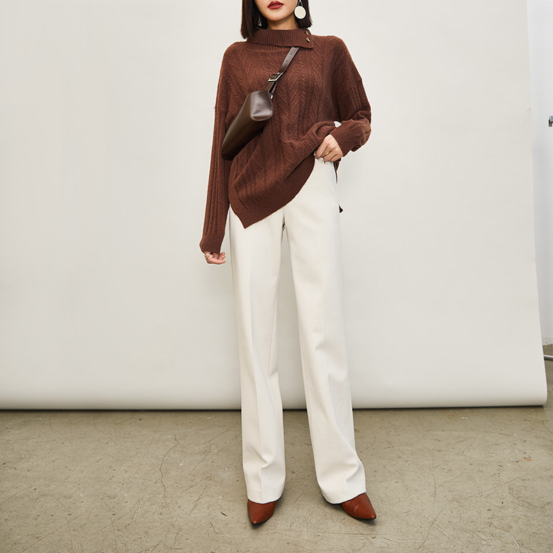 简非蓝米白色毛呢秋冬垂坠感阔腿裤 简非蓝休闲裤